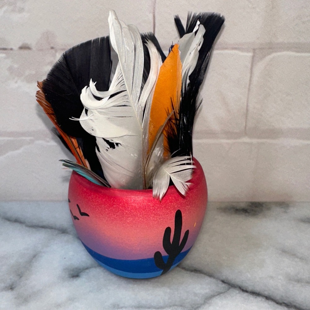 Hand Painted Desert Sunset Terracotta Seed Pot with Feathers Saguaro Cactus Art